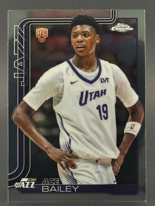 Ace Bailey Topps Chrome rookie card featuring the Utah Jazz guard in a white uniform.