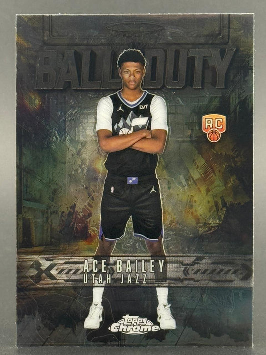 Ace Bailey Utah Jazz Topps Chrome basketball rookie trading card with "Ball Duty" text.