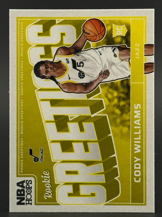 Cody Williams 2024-25 Panini NBA Hoops Rookie Greetings trading card.