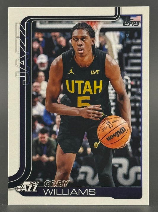 Trading card of Cody Williams in Utah Jazz jersey, holding basketball.