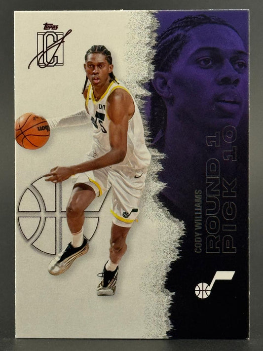 Cody Williams basketball card, Topps brand, featuring him dribbling, with a purple portrait and "Round 1 Pick 10" text.