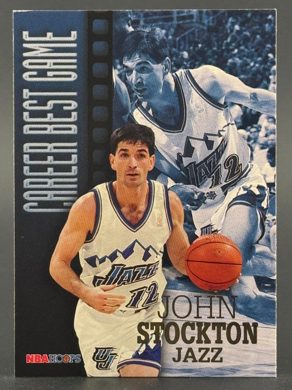 NBA Hoops trading card of John Stockton in Utah Jazz uniform, featuring Career Best Game subset design.