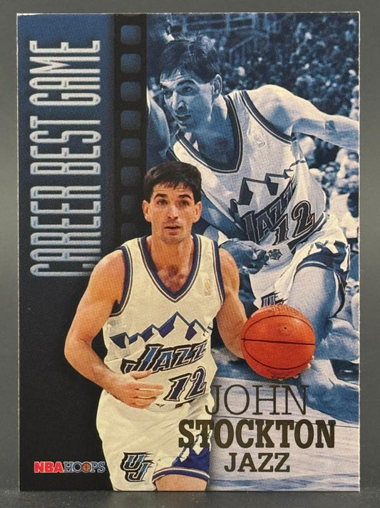 NBA Hoops trading card of John Stockton in Utah Jazz uniform, featuring Career Best Game subset design.