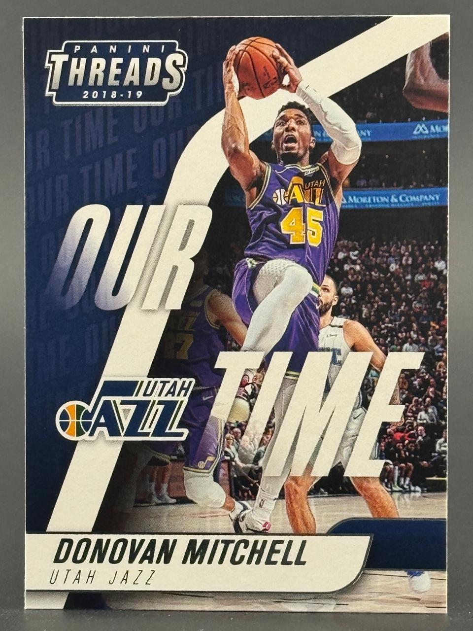 2018-19 Panini Threads Donovan Mitchell trading card showing him in a Utah Jazz uniform.