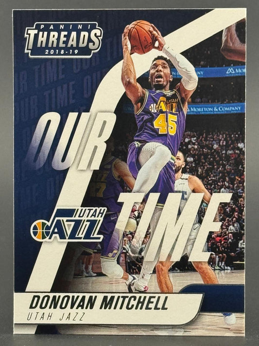 2018-19 Panini Threads Donovan Mitchell trading card showing him in a Utah Jazz uniform.