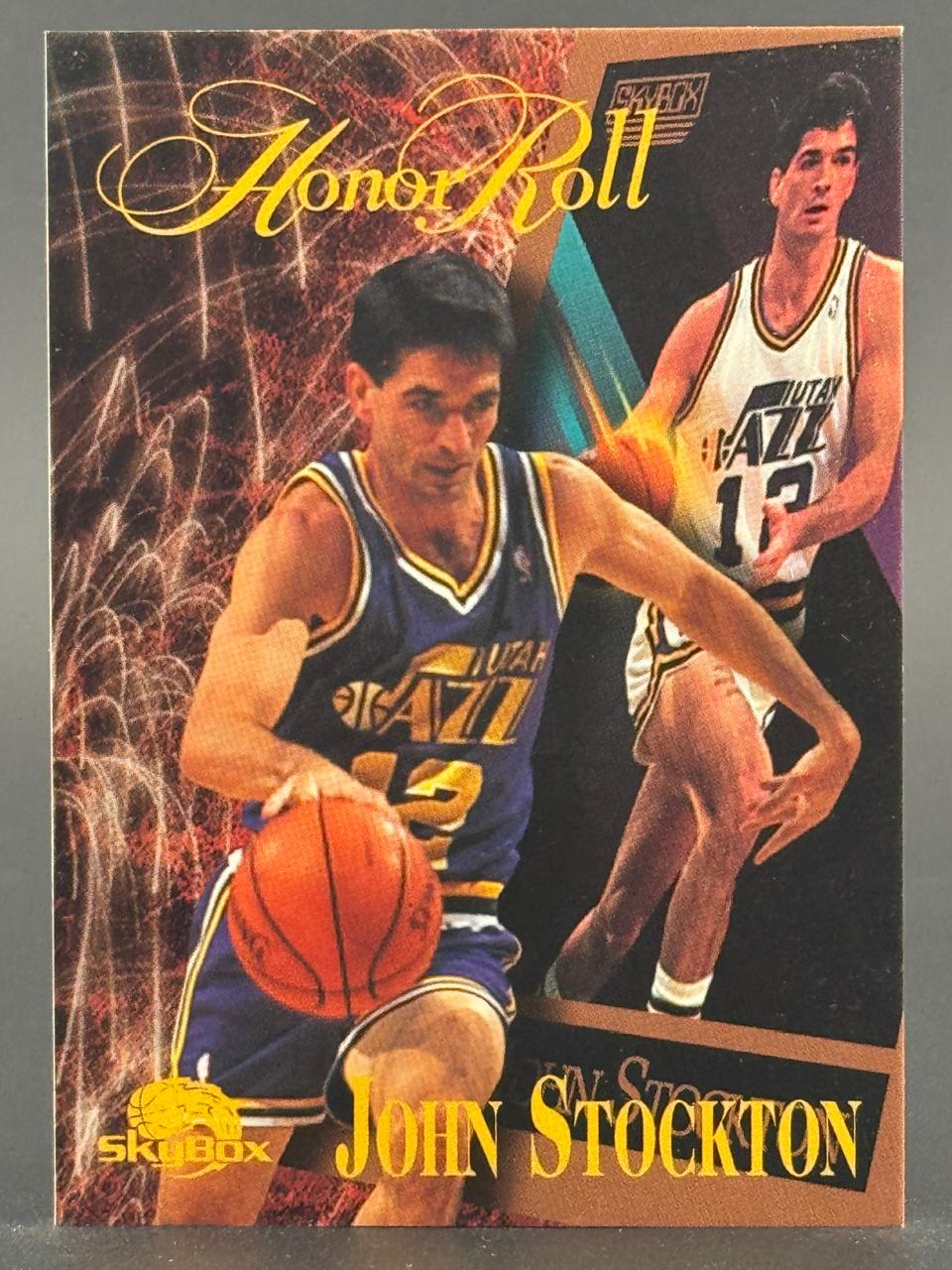 1997 SkyBox Honor Roll John Stockton trading card featuring two images of the Utah Jazz player dribbling.