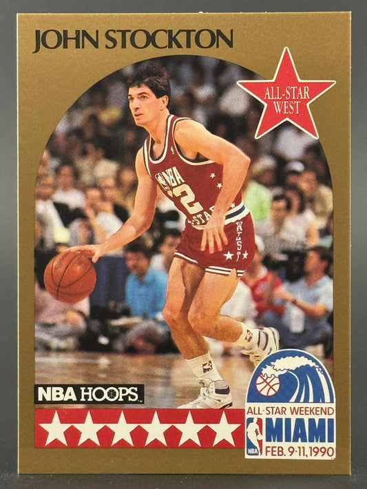 1990 NBA Hoops John Stockton All-Star trading card.
