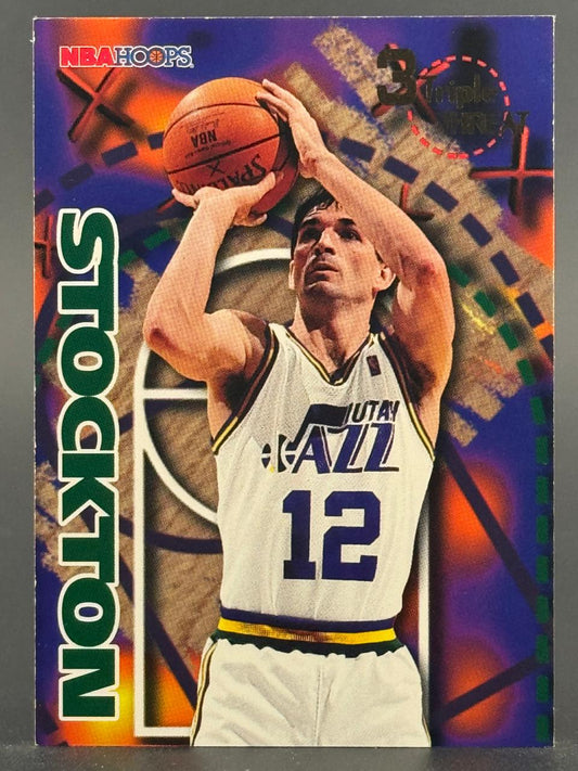 John Stockton 1993-94 NBA Hoops Triple Threat trading card, number 3, showing him shooting a basketball.