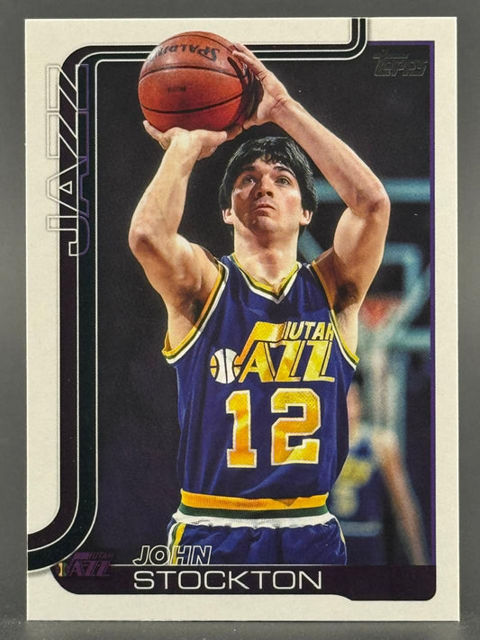 John Stockton trading card showing him holding a basketball in a Utah Jazz uniform.