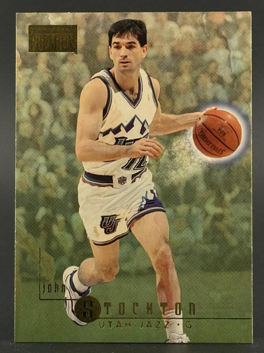 John Stockton 1993-94 Stadium Club basketball card, dribbling a basketball.