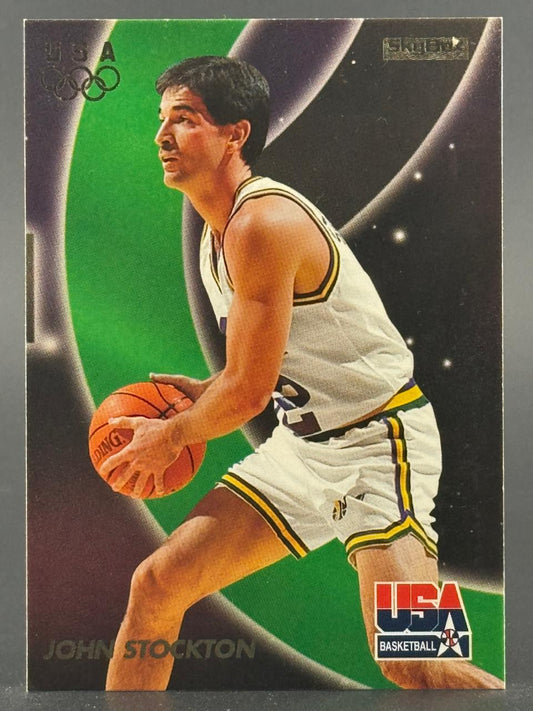 1992 SkyBox USA Basketball trading card featuring John Stockton holding a basketball.