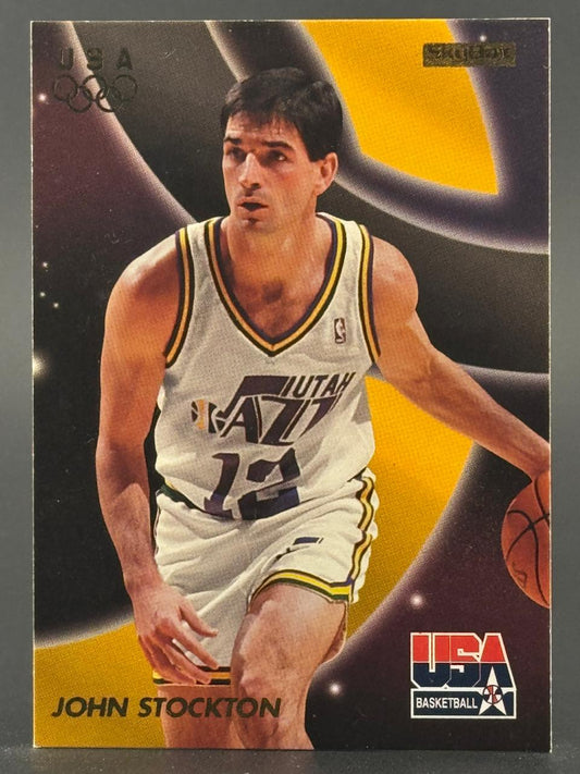 John Stockton trading card showing him in a Utah Jazz uniform, dribbling a basketball.