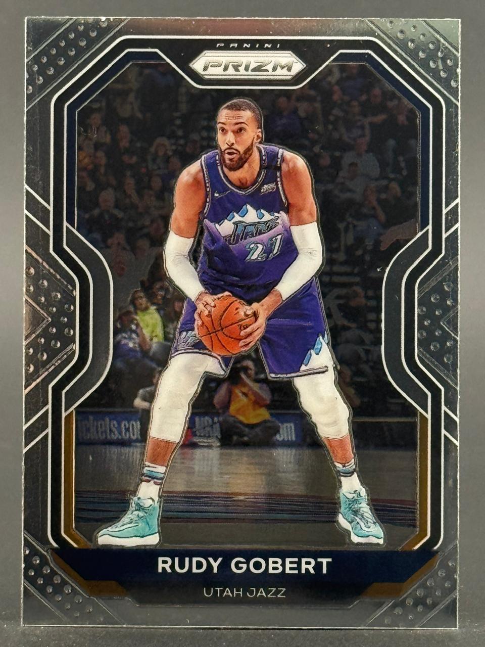 Rudy Gobert 2020-21 Panini Prizm Utah Jazz basketball card holding a ball.