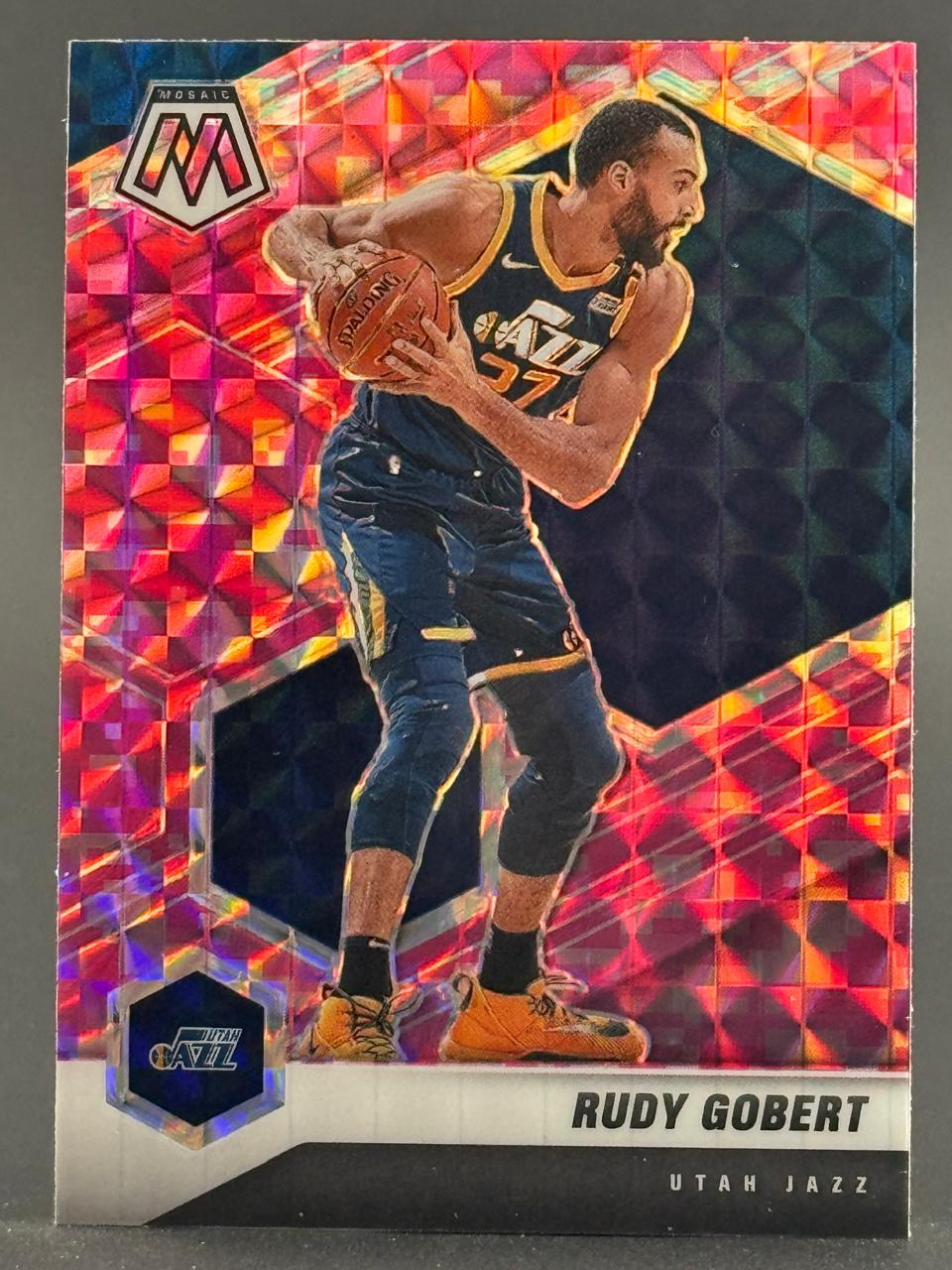 Rudy Gobert Utah Jazz basketball card with pink mosaic foil background.