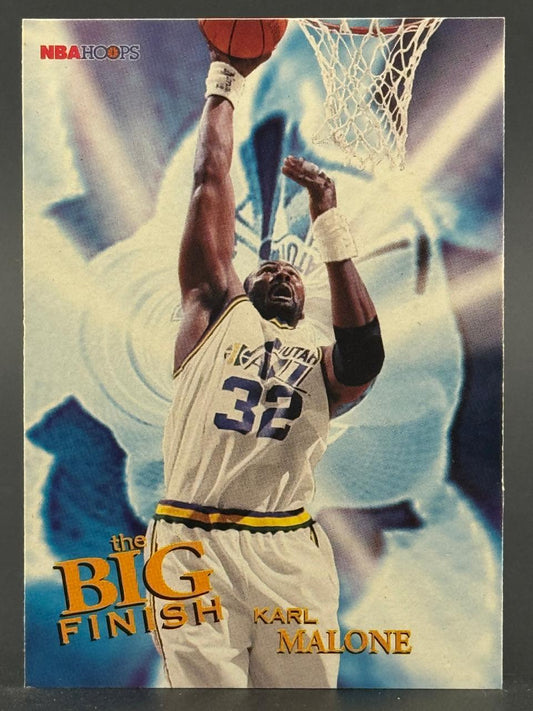 Karl Malone 1990s NBA Hoops "The Big Finish" basketball card dunking.