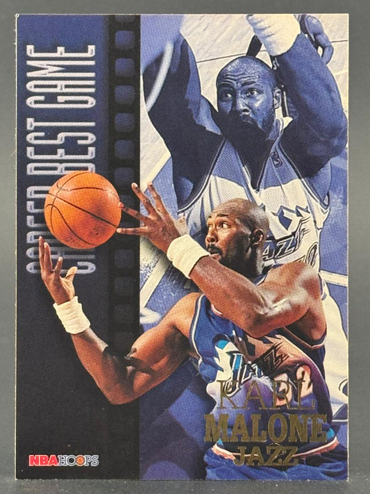 Karl Malone Utah Jazz basketball trading card, NBA Hoops Career Best Game insert.
