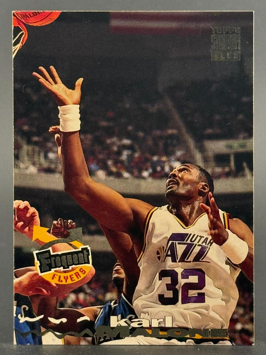 Karl Malone 1992 Topps Stadium Club basketball card, #32, showing him shooting in Utah Jazz uniform.
