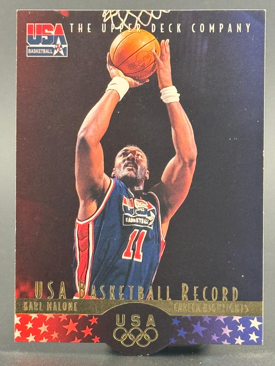Karl Malone 1992 Upper Deck USA Basketball Record trading card shooting a basketball.