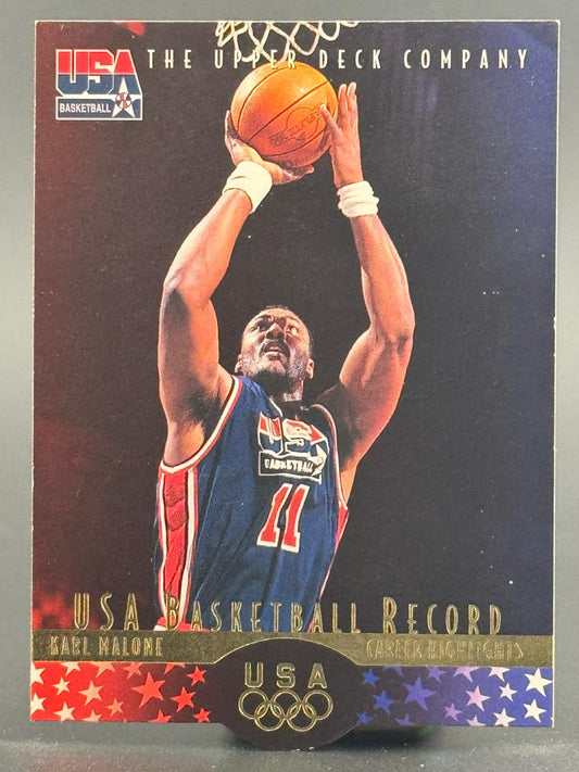 Karl Malone 1992 Upper Deck USA Basketball Record trading card shooting a basketball.