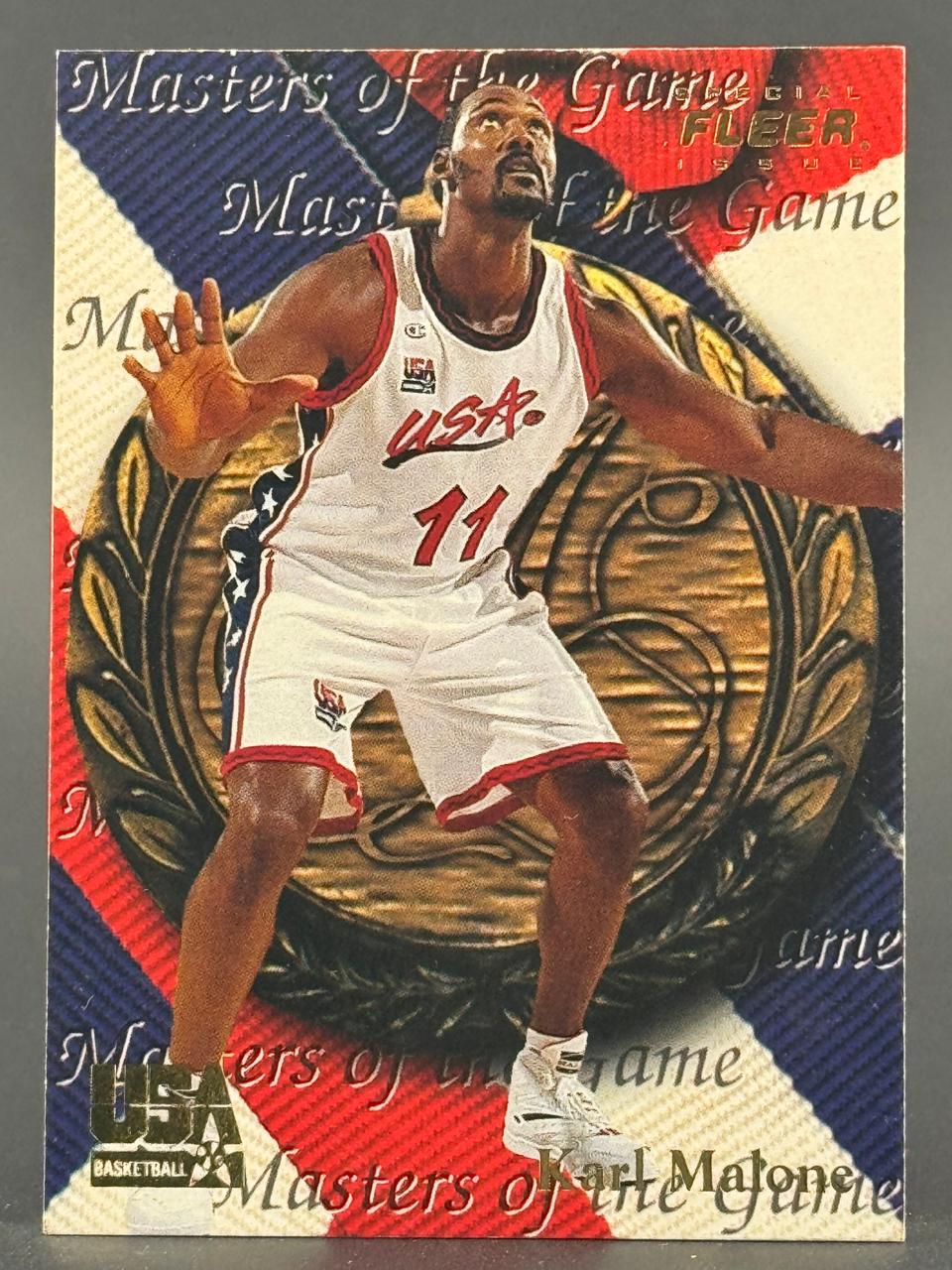 1992 Fleer Masters of the Game Karl Malone trading card #11 in USA basketball uniform.