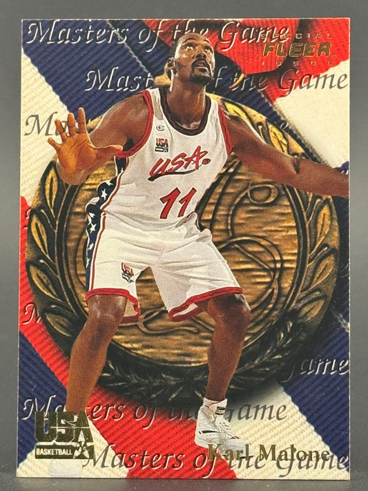 1992 Fleer Masters of the Game Karl Malone trading card #11 in USA basketball uniform.