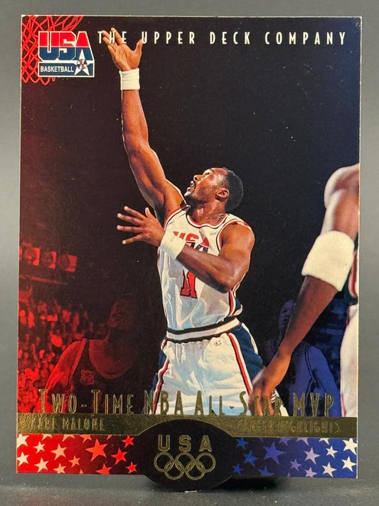 Karl Malone 1992 Upper Deck USA Basketball card shooting a jump shot in a USA uniform.