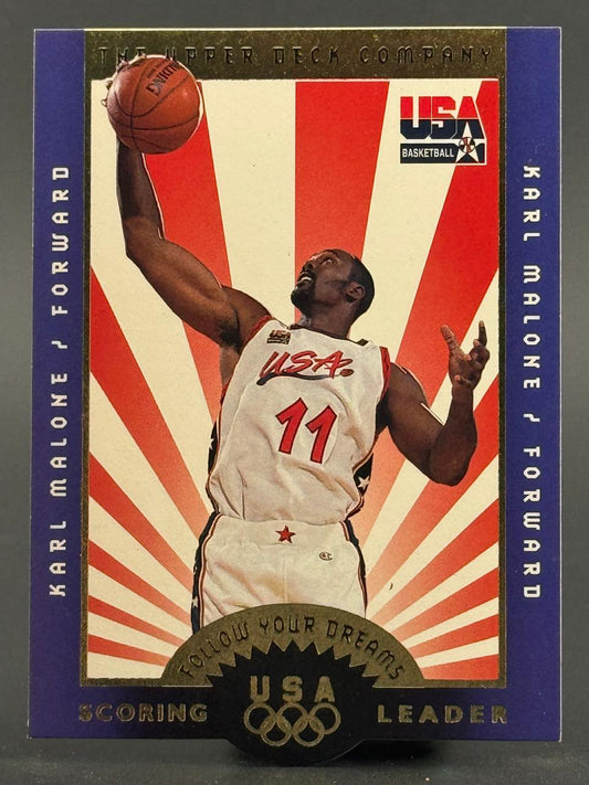 Karl Malone 1992 Upper Deck USA Basketball trading card featuring him holding a basketball.