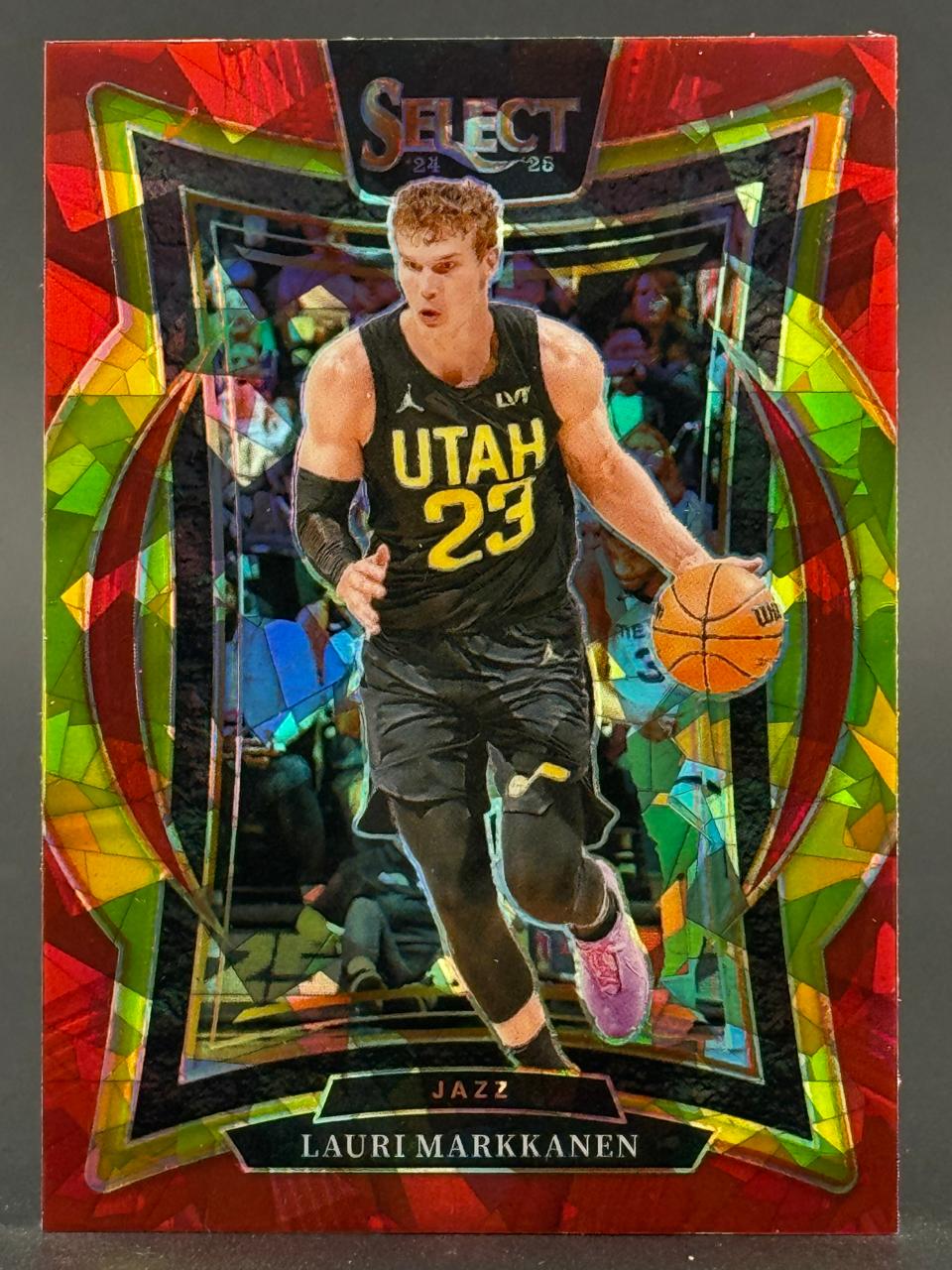 2024-25 Panini Select Lauri Markkanen Utah Jazz #23 basketball card with red stained glass borders.