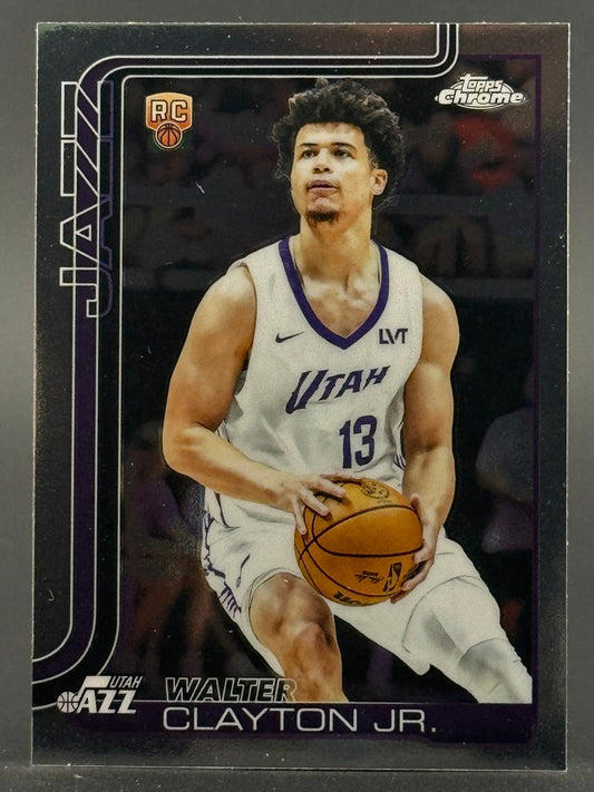 Walter Clayton Jr. Topps Chrome rookie card featuring him in a Utah Jazz uniform holding a basketball.