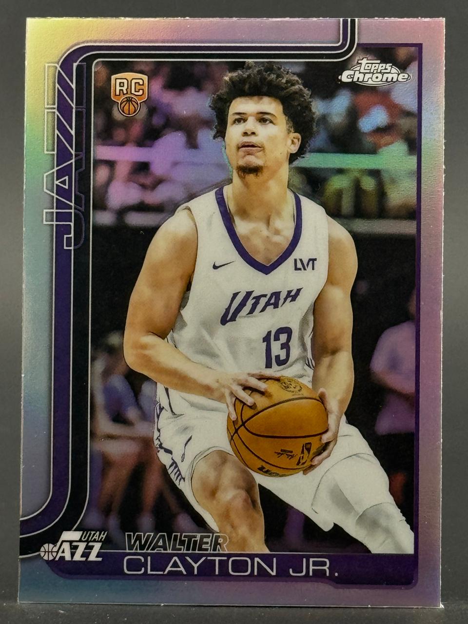 Walter Clayton Jr. Topps Chrome rookie card, Utah Jazz, holding basketball.