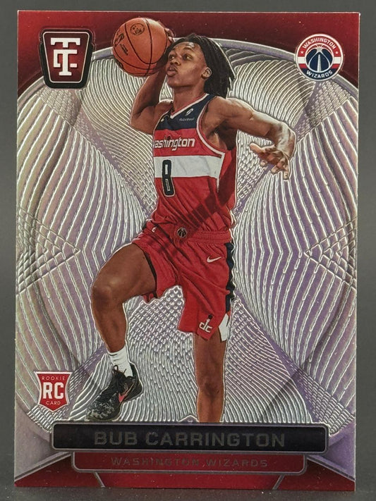 Bub Carrington basketball card, featuring the player in a Washington Wizards uniform holding a basketball.