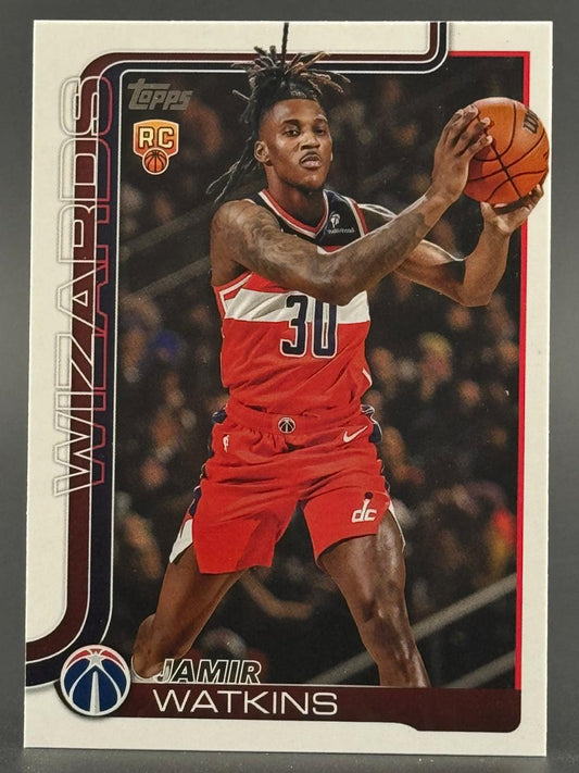 Jamir Watkins trading card, Topps Wizards rookie holding a basketball.
