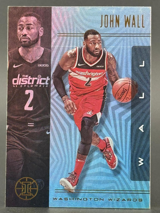 John Wall Washington Wizards trading card showing him in red uniform dribbling and a dark portrait on the left.