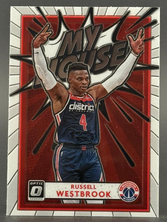 Russell Westbrook 2020-21 Donruss Optic My House insert card in Washington Wizards uniform.