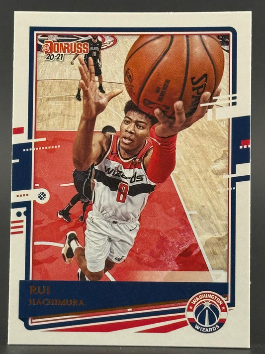 2020-21 Donruss Rui Hachimura trading card showing him in a Washington Wizards uniform holding a basketball.