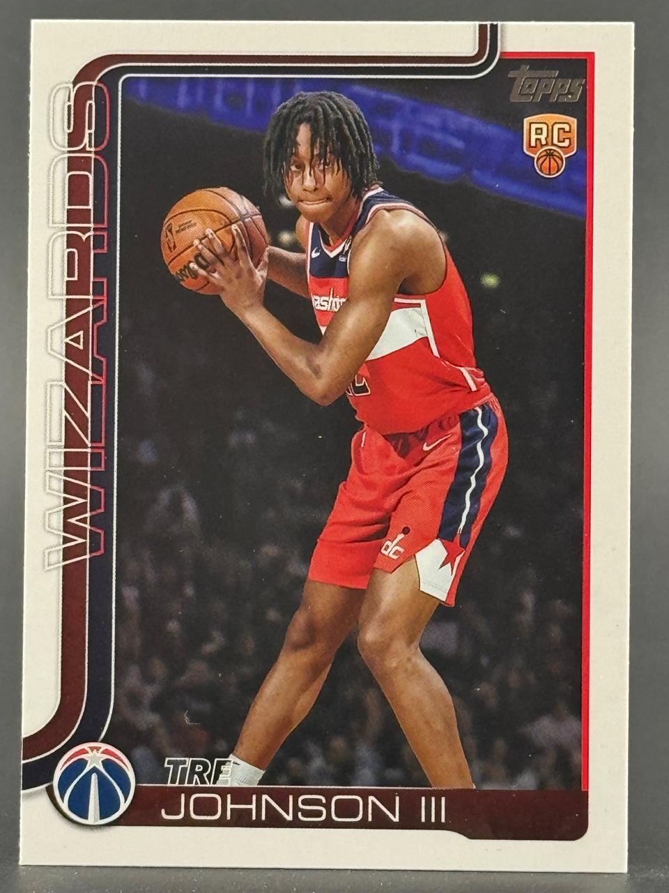 2024-25 Topps Tre Johnson III basketball trading card featuring Johnson in a Washington Wizards uniform.