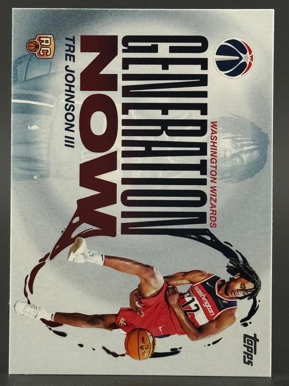 Tre Johnson III Generation Now trading card featuring the Washington Wizards player on a grey background.