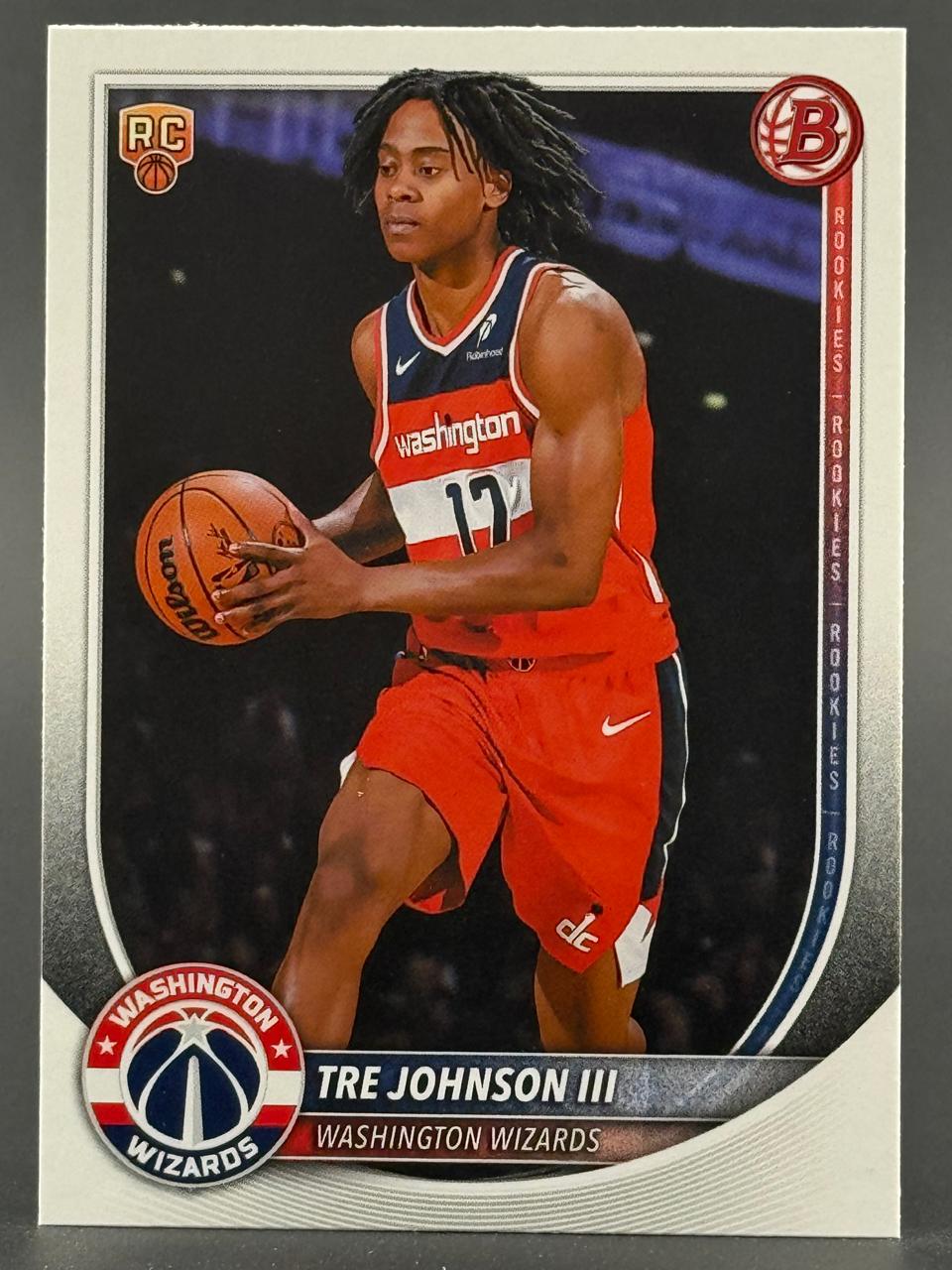 Tre Johnson III basketball trading card in Washington Wizards uniform, holding a basketball.