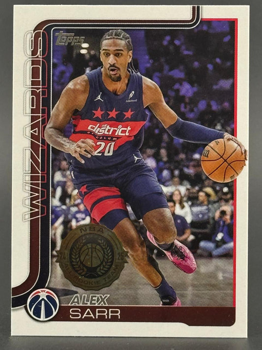 Alex Sarr basketball trading card, showing him dribbling in a Washington Wizards uniform.