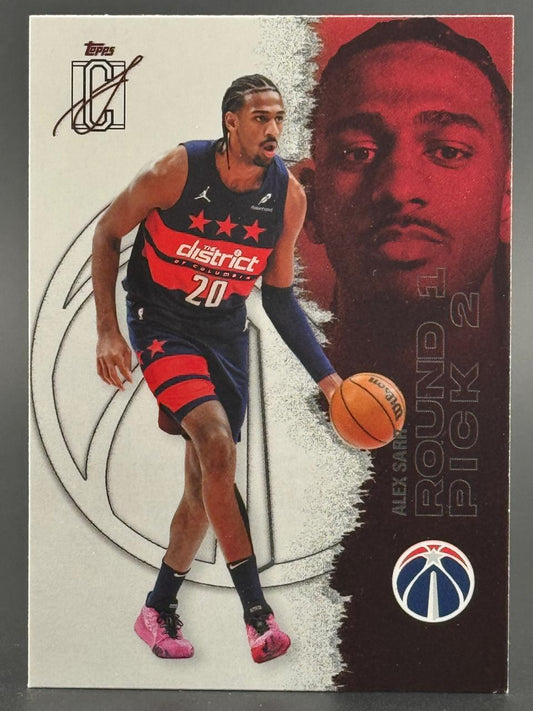 Alex Sarr 2024 Topps basketball card dribbling in a Washington Wizards uniform.