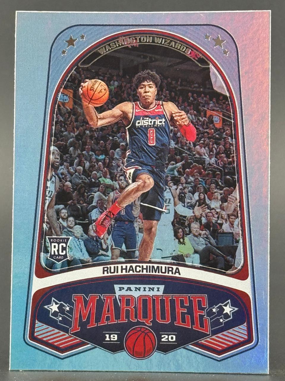 2019-20 Panini Marquee Rui Hachimura Rookie Card #8, showing him in a Washington Wizards uniform.