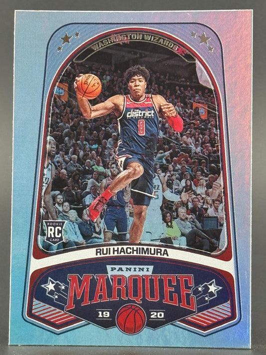 2019-20 Panini Marquee Rui Hachimura Rookie Card #8, showing him in a Washington Wizards uniform.