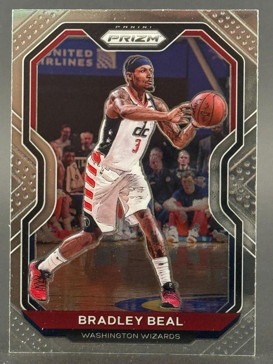 Bradley Beal 2020-21 Panini Prizm basketball card holding a ball.