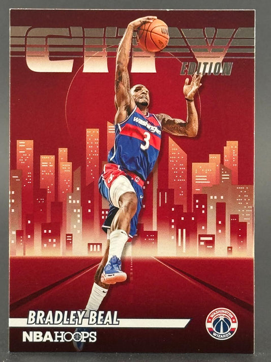 Bradley Beal NBA Hoops basketball card featuring a city skyline background and a red color scheme.