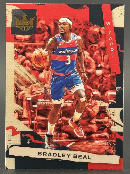Bradley Beal basketball trading card featuring him dribbling in a Washington Wizards uniform.
