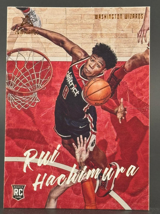 Rui Hachimura 2019-20 Panini Luminance Rookie Card dunking for the Washington Wizards.
