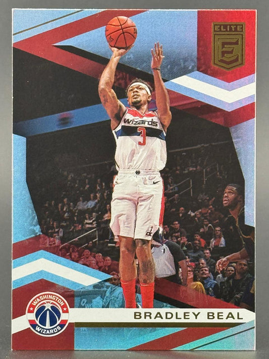 Bradley Beal basketball trading card, Donruss Elite, shooting a jump shot in Washington Wizards uniform.
