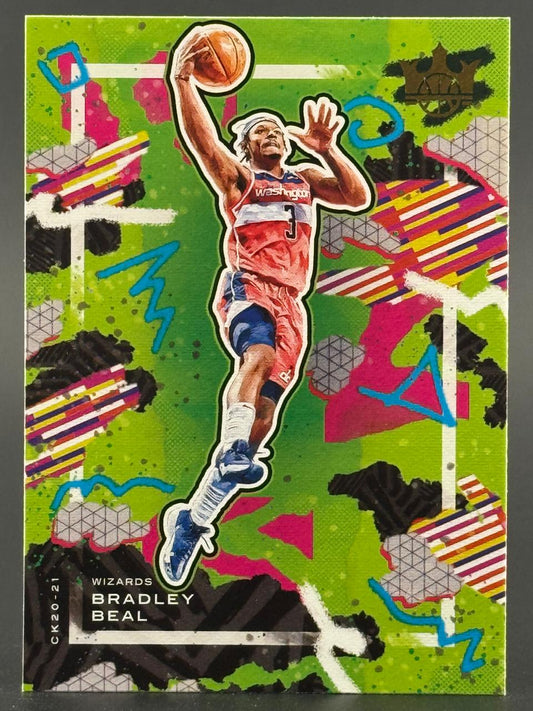 2020-21 Court Kings Bradley Beal basketball card featuring Beal dunking against a vibrant green and pink background.