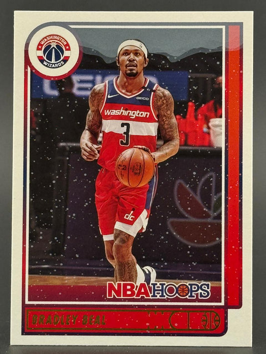 Bradley Beal 2020-21 NBA Hoops trading card #3, showing him in a red Washington Wizards uniform dribbling.