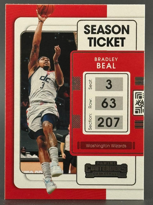 2021-22 Panini Contenders Season Ticket Bradley Beal trading card featuring him shooting a basketball.